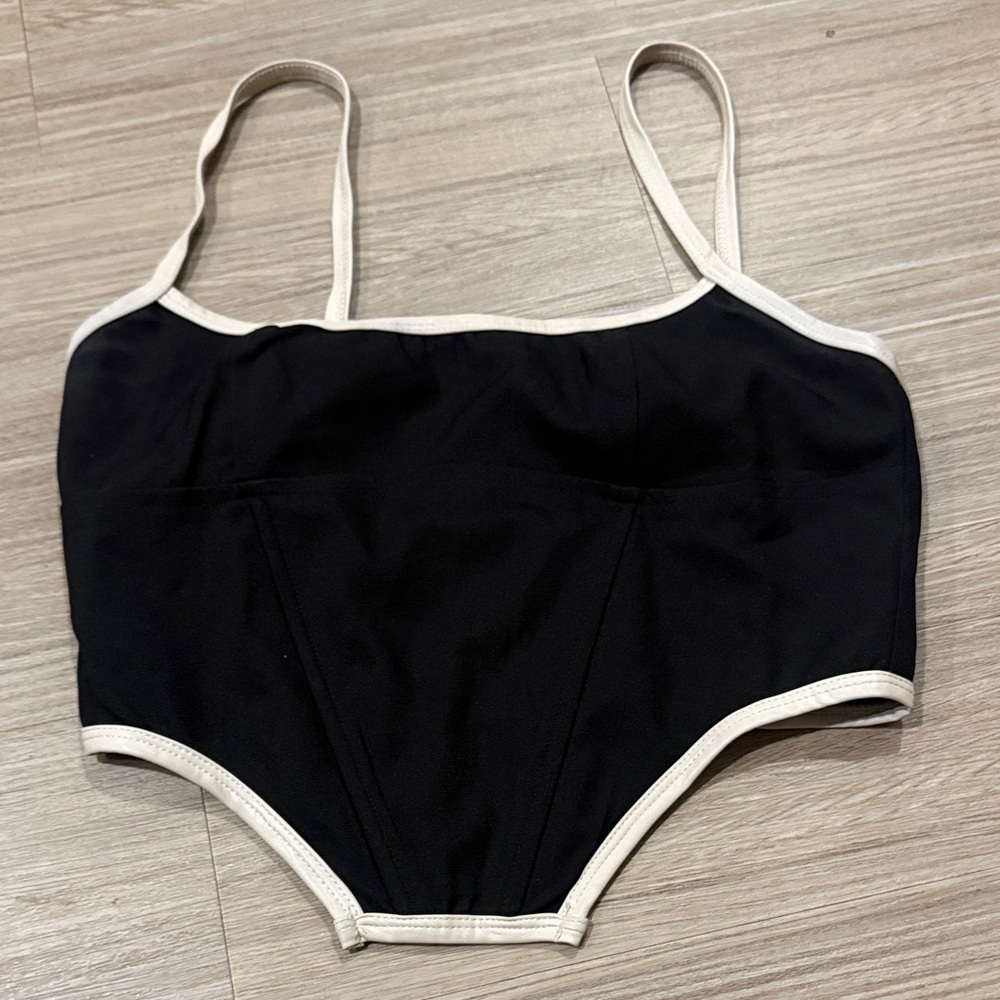 Black and Cream Spaghetti Strap Crop Top White Fox Size L